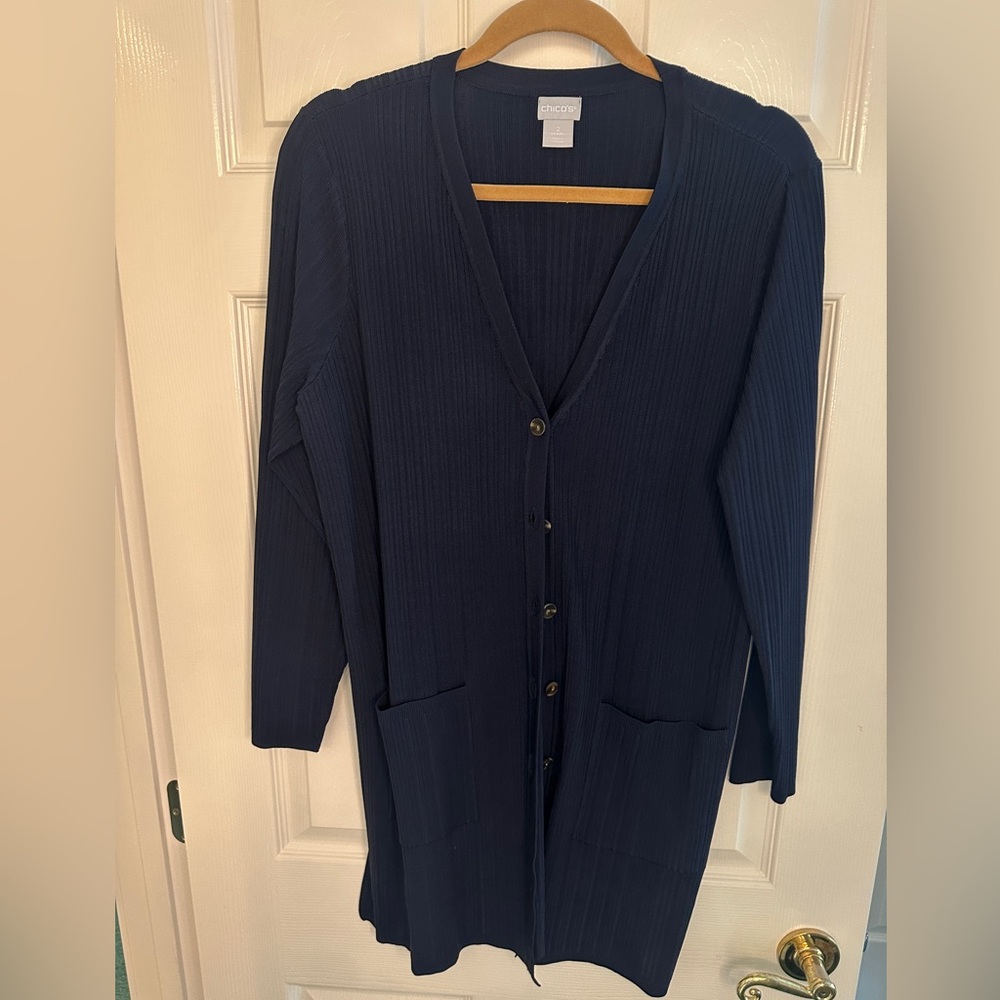 Chico's Ribbed Open Cardigan in Navy - Picture 2 of 7
